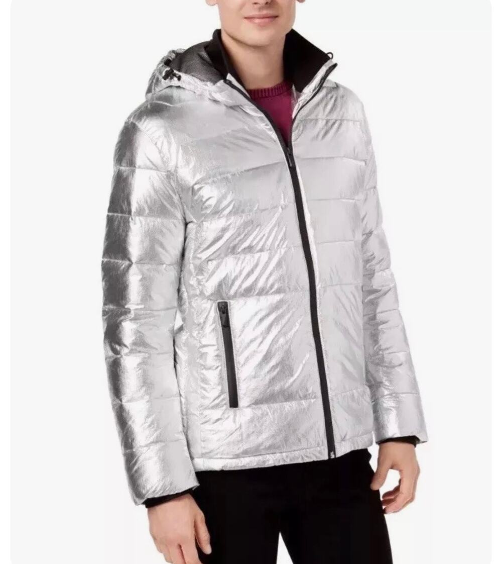 Calvin Klein Mens Metallic Silver Puffer Jacket Hood Small Polyester